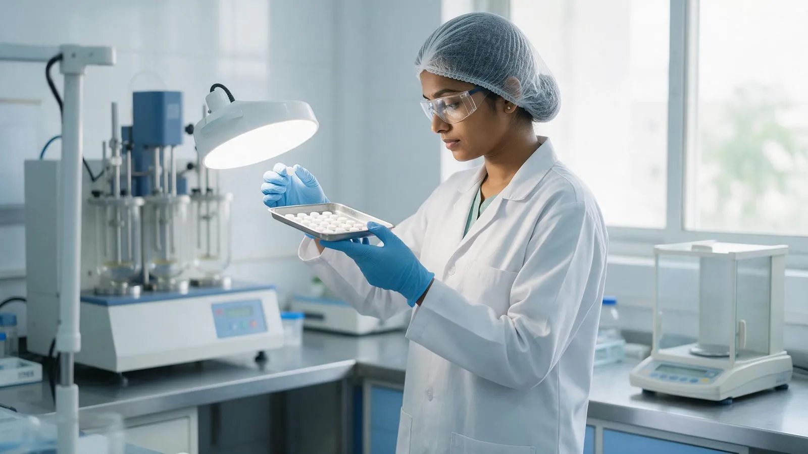 Quality analyst inspecting tablets in a laboratory